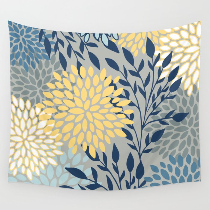 Festive, Floral Prints and Leaves, Yellow, Gray, Navy Blue, Teal Wall Tapestry Gallery Image 1