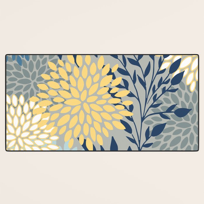 Festive, Floral Prints and Leaves, Yellow, Gray, Navy Blue, Teal Desk Mat Gallery Image 3