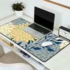 Festive, Floral Prints and Leaves, Yellow, Gray, Navy Blue, Teal Desk Mat Gallery Image 2