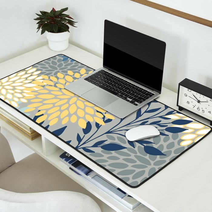 Festive, Floral Prints and Leaves, Yellow, Gray, Navy Blue, Teal Desk Mat Gallery Image 2