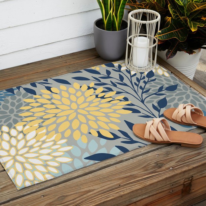 Festive, Floral Prints and Leaves, Yellow, Gray, Navy Blue, Teal Outdoor Rug Gallery Image 2