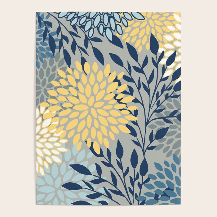 Festive, Floral Prints and Leaves, Yellow, Gray, Navy Blue, Teal Poster Gallery Image 4