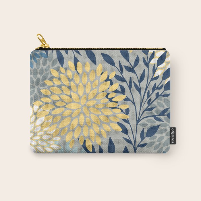 Festive, Floral Prints and Leaves, Yellow, Gray, Navy Blue, Teal Carry All Pouch Gallery Image 1