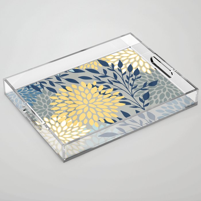 Festive, Floral Prints and Leaves, Yellow, Gray, Navy Blue, Teal Acrylic Tray Gallery Image 1