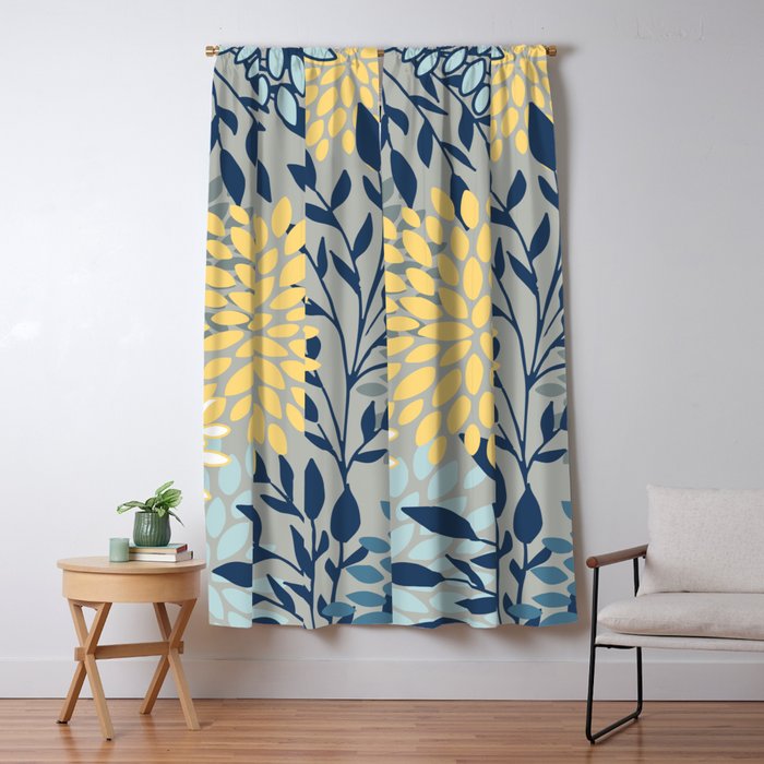 Festive, Floral Prints and Leaves, Yellow, Gray, Navy Blue, Teal Window Curtain Gallery Image 1