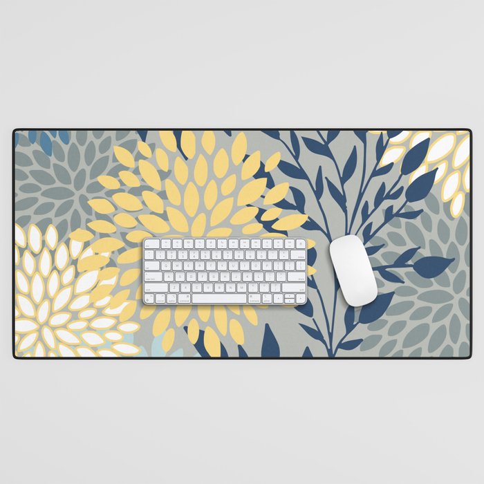 Festive, Floral Prints and Leaves, Yellow, Gray, Navy Blue, Teal Desk Mat Gallery Image 1
