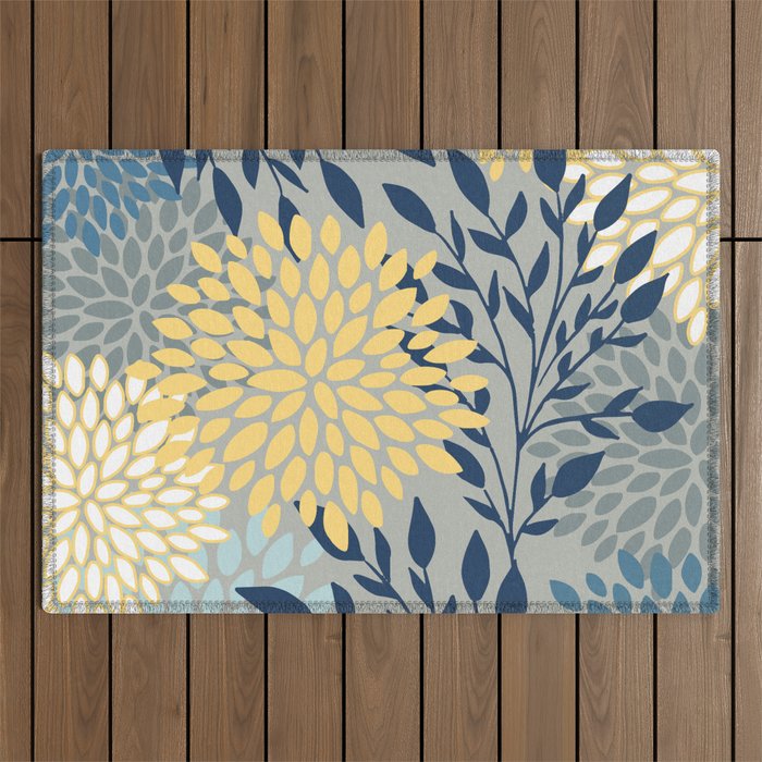 Festive, Floral Prints and Leaves, Yellow, Gray, Navy Blue, Teal Outdoor Rug Gallery Image 1