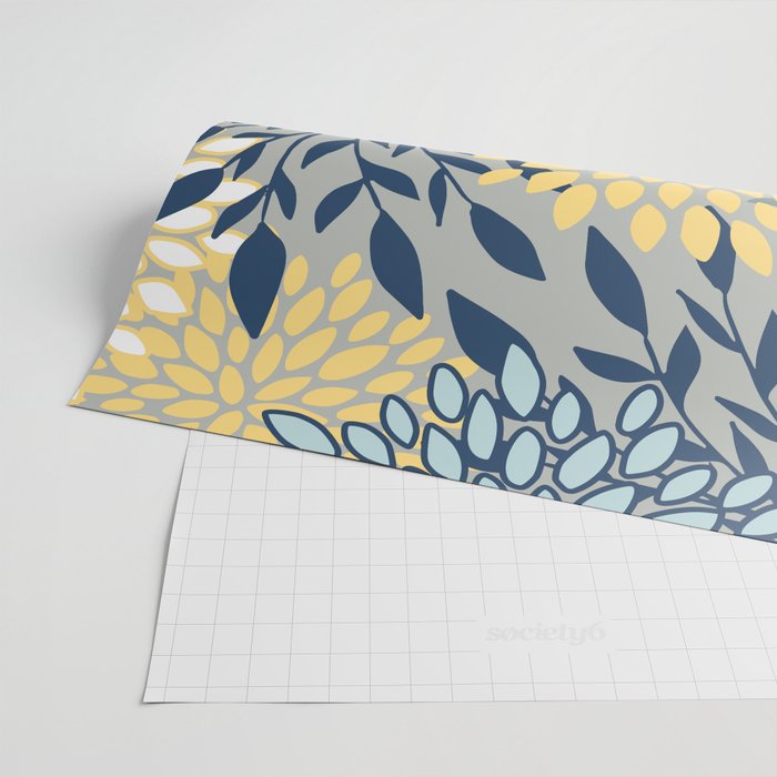 Festive, Floral Prints and Leaves, Yellow, Gray, Navy Blue, Teal Wrapping Paper Gallery Image 2