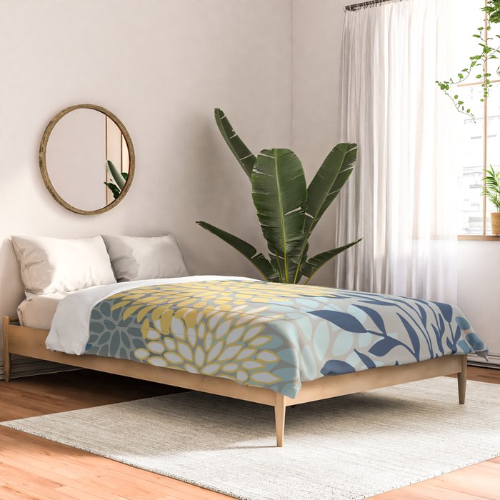 Festive, Floral Prints and Leaves, Yellow, Gray, Navy Blue, Teal Comforter Gallery Image 2