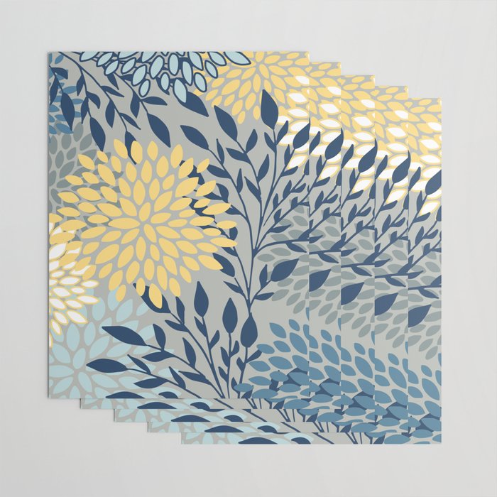 Festive, Floral Prints and Leaves, Yellow, Gray, Navy Blue, Teal Wrapping Paper Gallery Image 3