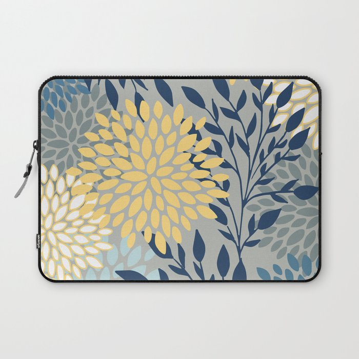 Festive, Floral Prints and Leaves, Yellow, Gray, Navy Blue, Teal Laptop Sleeve Gallery Image 1