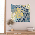 Festive, Floral Prints and Leaves, Yellow, Gray, Navy Blue, Teal Wall Tapestry Gallery Image 2