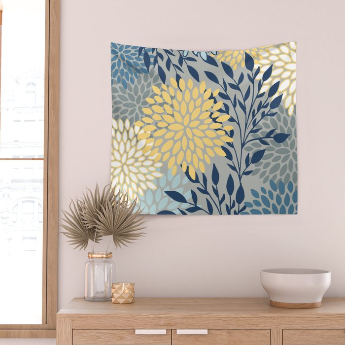Festive, Floral Prints and Leaves, Yellow, Gray, Navy Blue, Teal Wall Tapestry Gallery Image 2