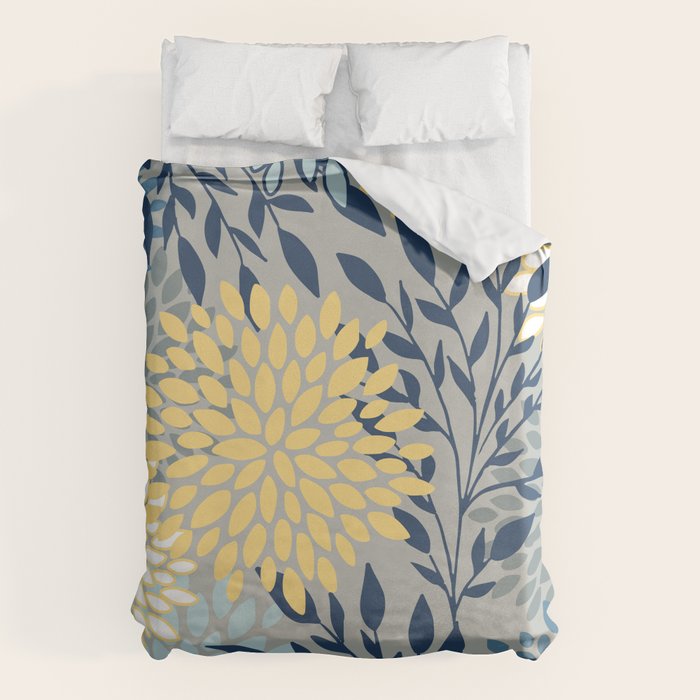 Festive, Floral Prints and Leaves, Yellow, Gray, Navy Blue, Teal Duvet Cover Gallery Image 1