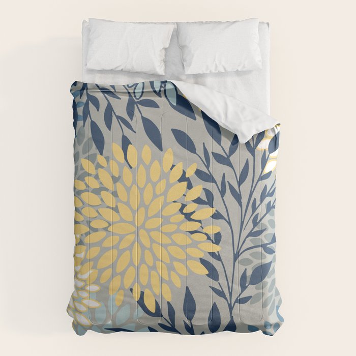 Festive, Floral Prints and Leaves, Yellow, Gray, Navy Blue, Teal Comforter Gallery Image 6