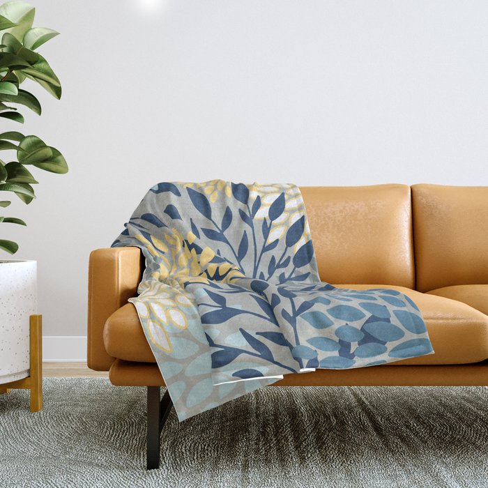Festive, Floral Prints and Leaves, Yellow, Gray, Navy Blue, Teal Throw Blanket Gallery Image 1