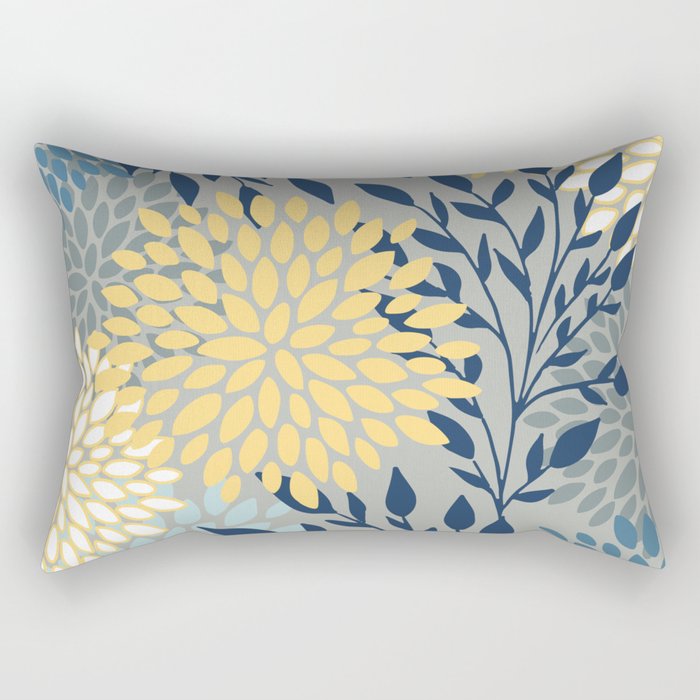 Festive, Floral Prints and Leaves, Yellow, Gray, Navy Blue, Teal Rectangular Pillow Gallery Image 2