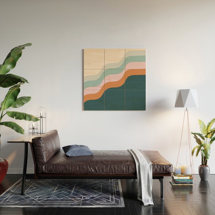 Abstract Diagonal Waves in Teal, Terracotta, and Pink Wood Wall Art Gallery Image 2
