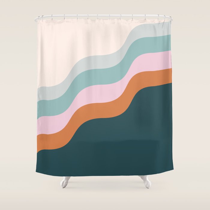 Abstract Diagonal Waves in Teal, Terracotta, and Pink Shower Curtain Gallery Image 1