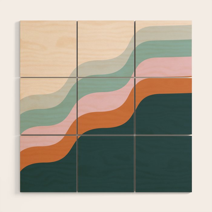 Abstract Diagonal Waves in Teal, Terracotta, and Pink Wood Wall Art Gallery Image 1