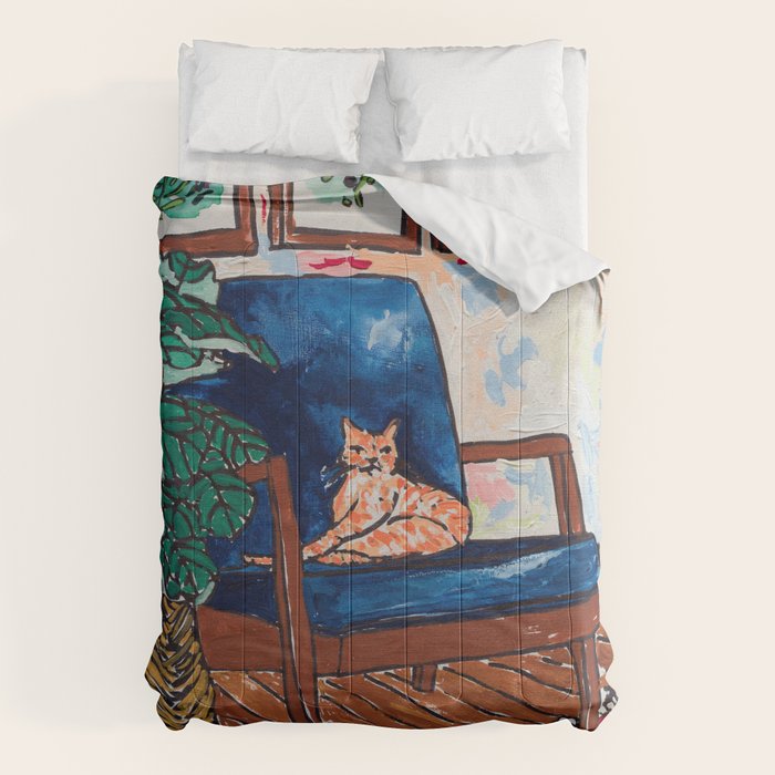 Ginger Cat on Blue Mid Century Chair Painting Comforter Gallery Image 1
