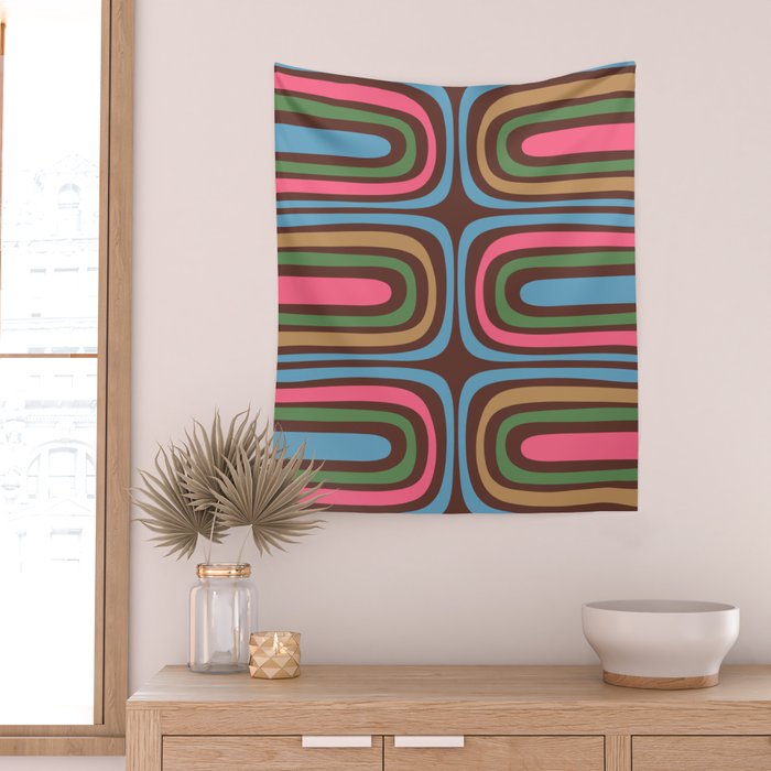 Retro Contemporary Boho Confaab Abstract Multicolored Vertical Pattern on Brown Wall Tapestry Gallery Image 2