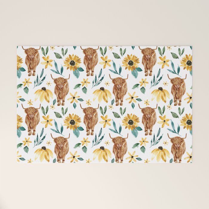Sunflower Floral Highland Cow Welcome Mat Gallery Image 1