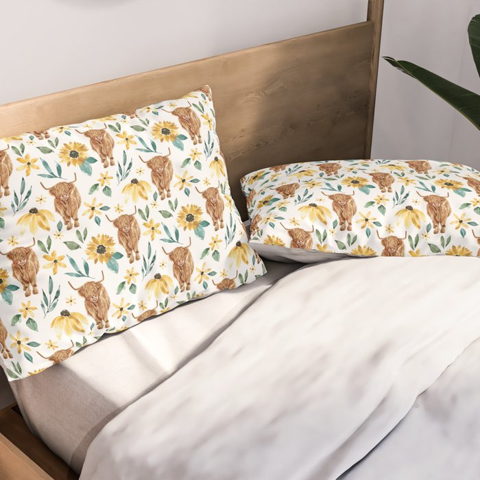 Sunflower Floral Highland Cow Pillow Sham Gallery Image 2