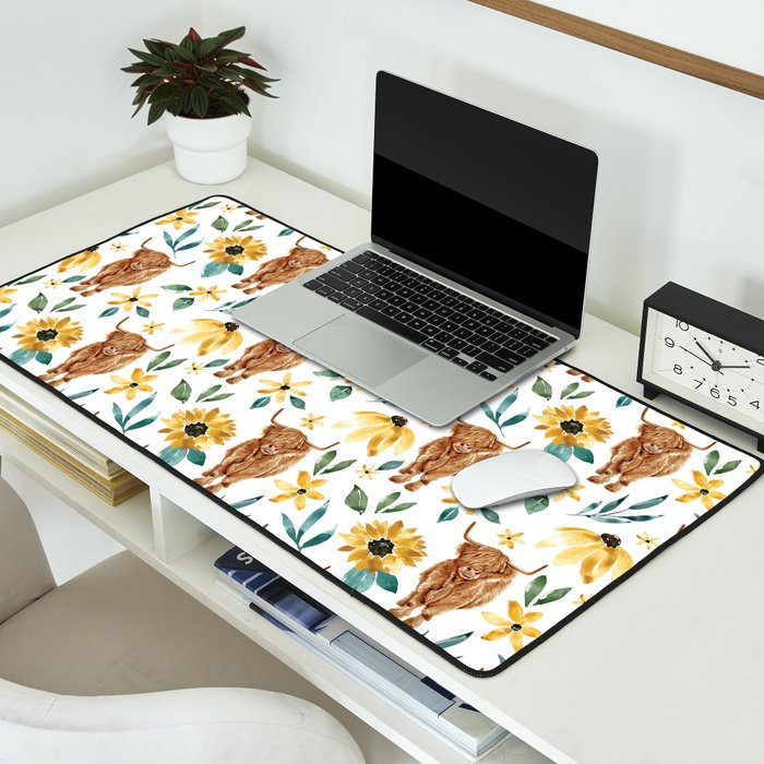 Sunflower Floral Highland Cow Desk Mat Gallery Image 2