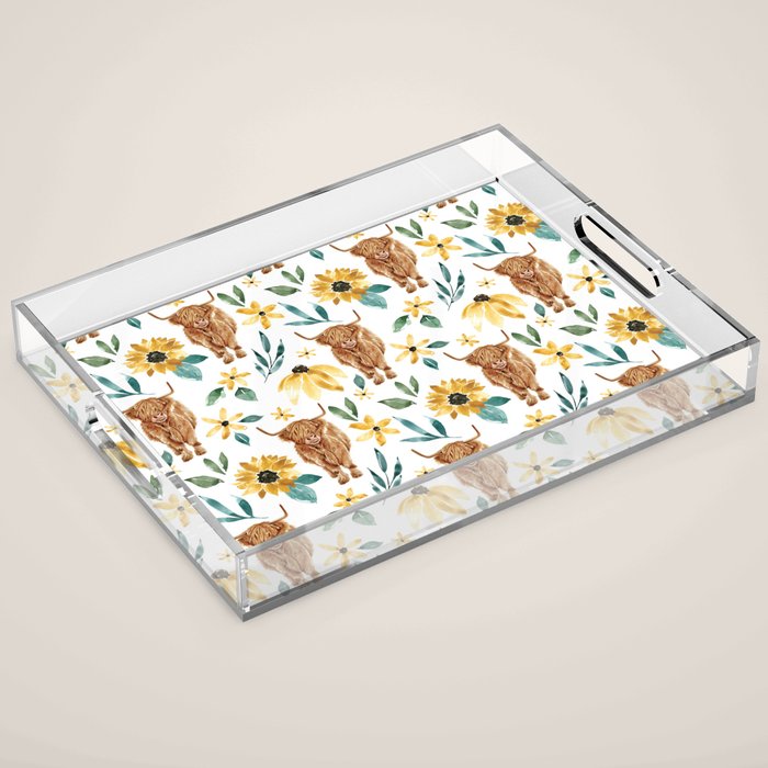 Sunflower Floral Highland Cow Acrylic Tray Gallery Image 1