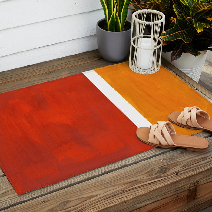Burnt Orange Yellow Ochre Mid Century Modern Abstract Minimalist Rothko Color Field Squares Outdoor Rug Gallery Image 2