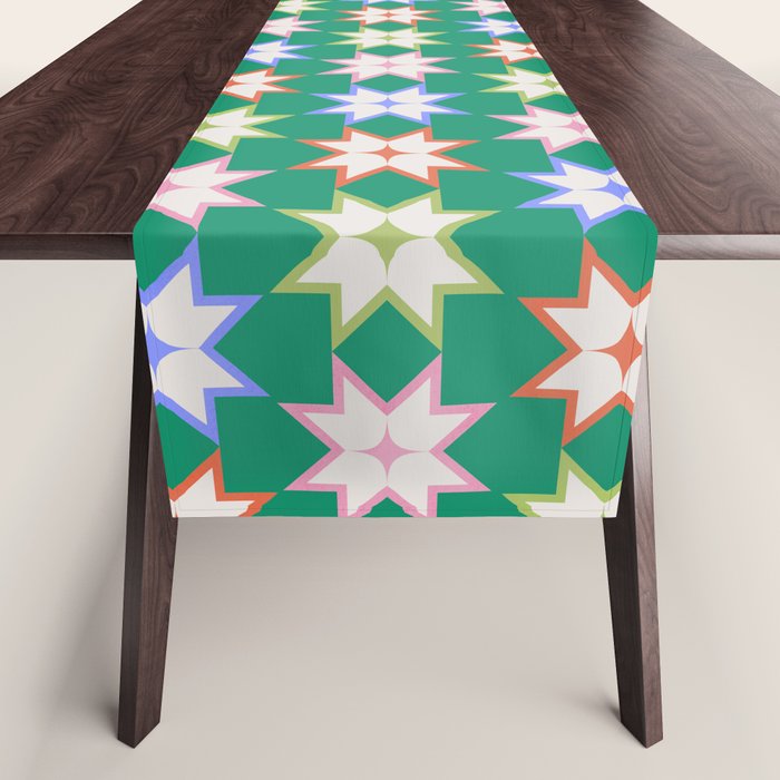 Festive Geometric Star Pattern on Green Table Runner Gallery Image 1
