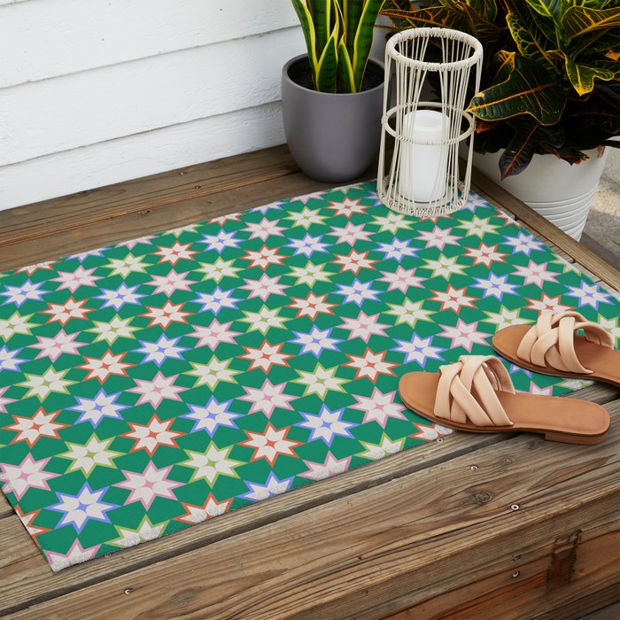 Festive Geometric Star Pattern on Green Outdoor Rug Gallery Image 2