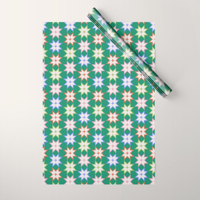Festive Geometric Star Pattern on Green Wrapping Paper Gallery Image 1