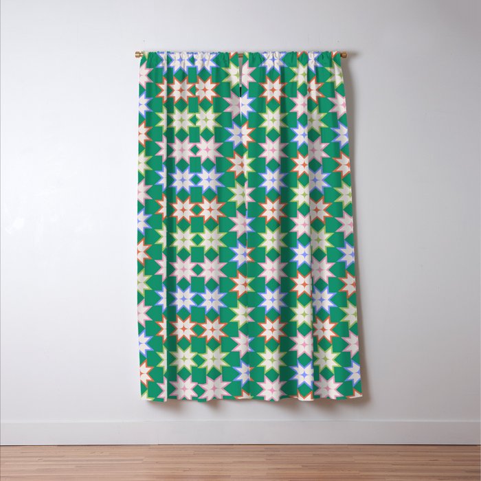 Festive Geometric Star Pattern on Green Window Curtain Gallery Image 3
