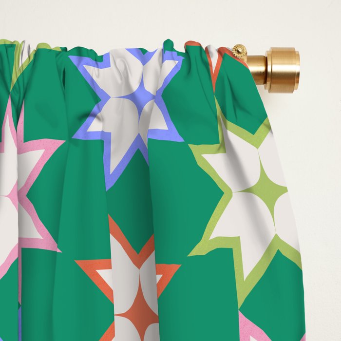 Festive Geometric Star Pattern on Green Window Curtain Gallery Image 2