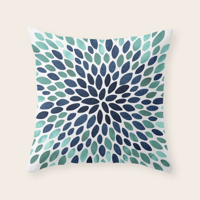 Modern, Blue and Green, Floral Bloom, Botanical Pattern Throw Pillow Gallery Image 1