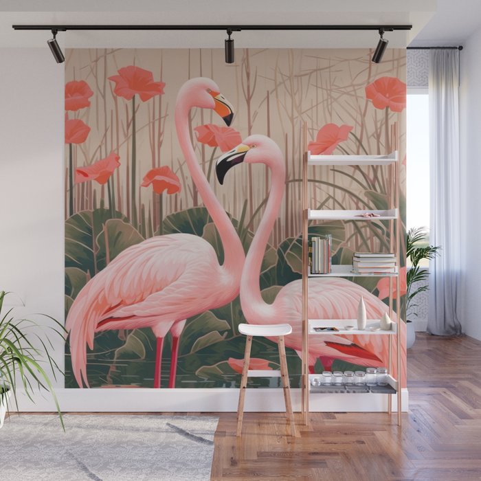 Pink Flamingo Pair In The Bloom Wall Mural Gallery Image 1