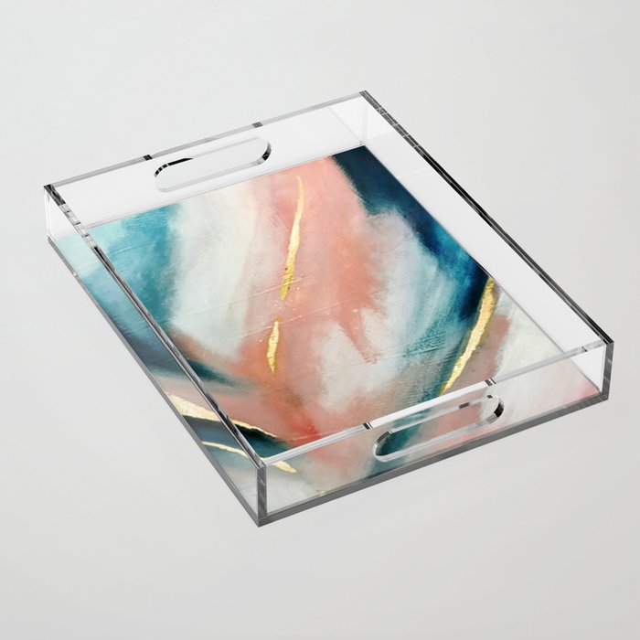 Celestial [3]: a minimal abstract mixed-media piece in Pink, Blue, and gold by Alyssa Hamilton Art Acrylic Tray Gallery Image 1