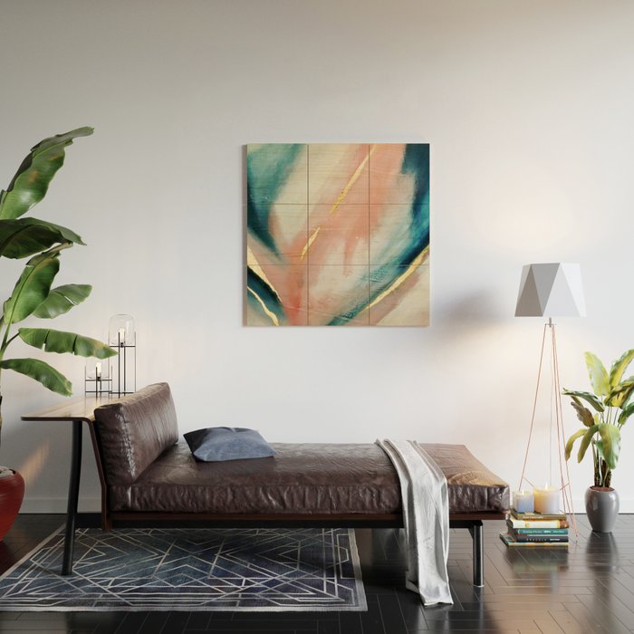 Celestial [3]: a minimal abstract mixed-media piece in Pink, Blue, and gold by Alyssa Hamilton Art Wood Wall Art Gallery Image 2