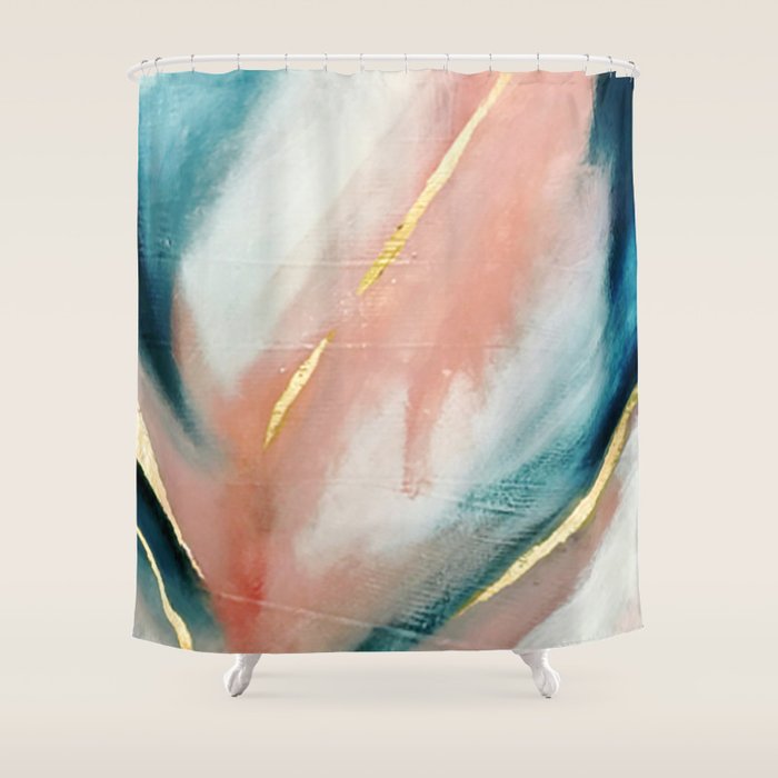 Celestial [3]: a minimal abstract mixed-media piece in Pink, Blue, and gold by Alyssa Hamilton Art Shower Curtain Gallery Image 1