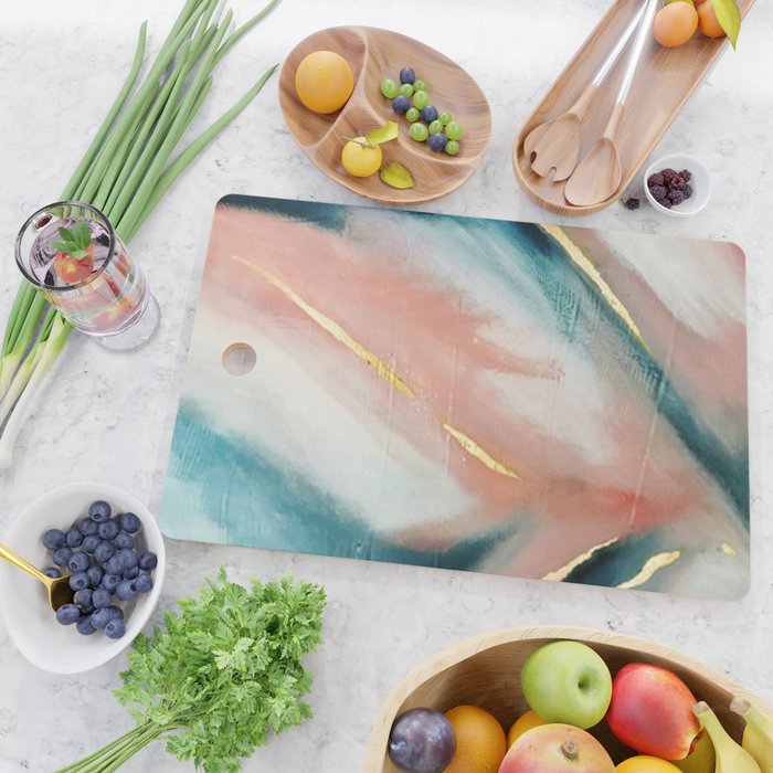 Celestial [3]: a minimal abstract mixed-media piece in Pink, Blue, and gold by Alyssa Hamilton Art Cutting Board Gallery Image 2