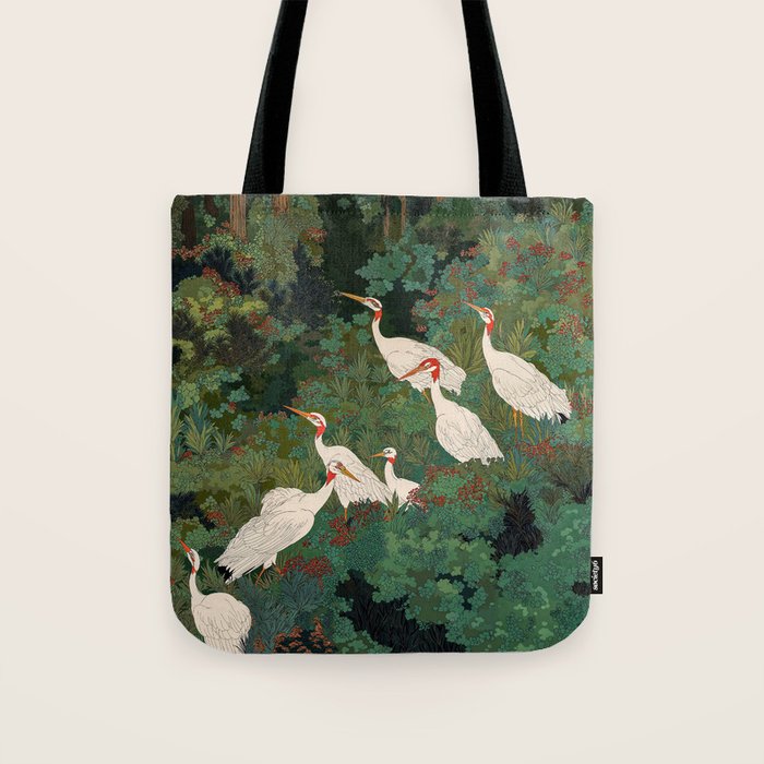 Japandi Wall Art Maximalist japanese chinoiserie Bird wabi sabi green Heron Painting for living room Tote Bag Gallery Image 1