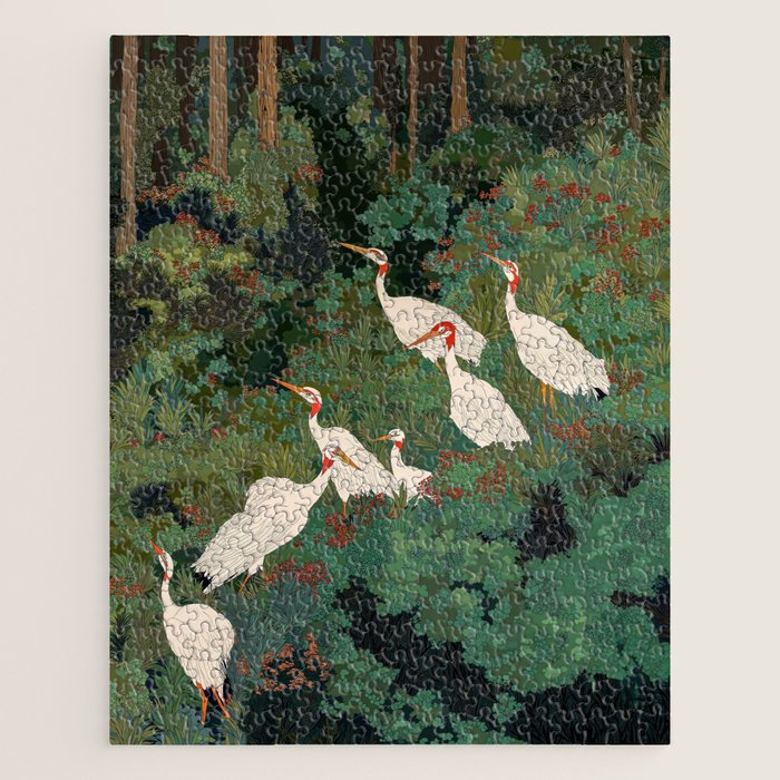 Japandi Wall Art Maximalist japanese chinoiserie Bird wabi sabi green Heron Painting for living room Jigsaw Puzzle Gallery Image 1