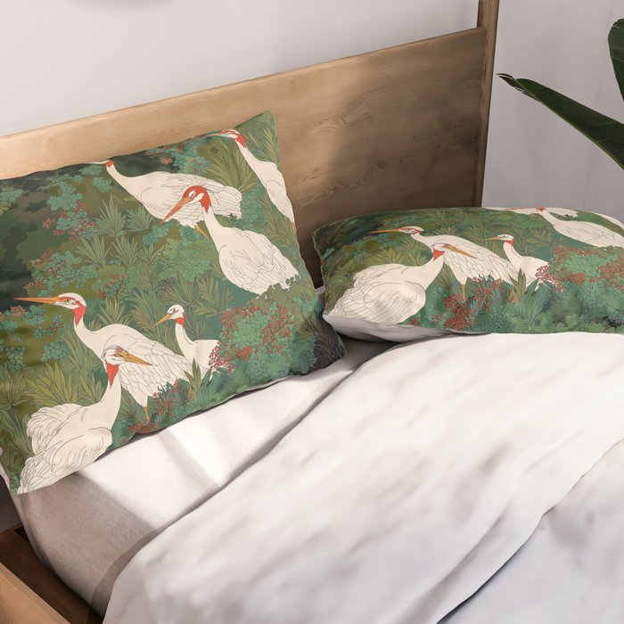 Japandi Wall Art Maximalist japanese chinoiserie Bird wabi sabi green Heron Painting for living room Pillow Sham Gallery Image 2