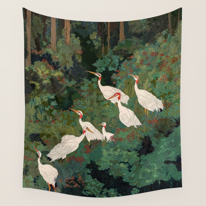 Japandi Wall Art Maximalist japanese chinoiserie Bird wabi sabi green Heron Painting for living room Wall Tapestry Gallery Image 4