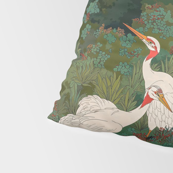 Japandi Wall Art Maximalist japanese chinoiserie Bird wabi sabi green Heron Painting for living room Pillow Sham Gallery Image 4