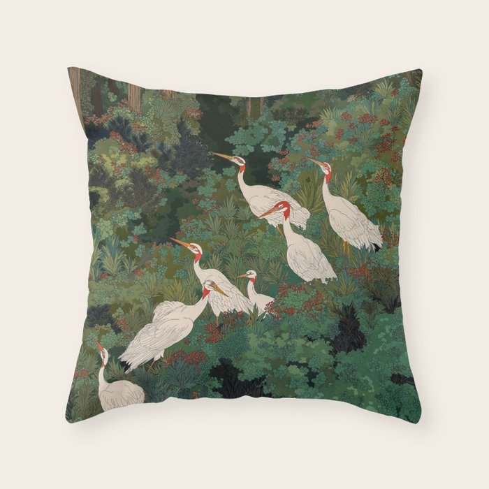 Japandi Wall Art Maximalist japanese chinoiserie Bird wabi sabi green Heron Painting for living room Throw Pillow Gallery Image 1