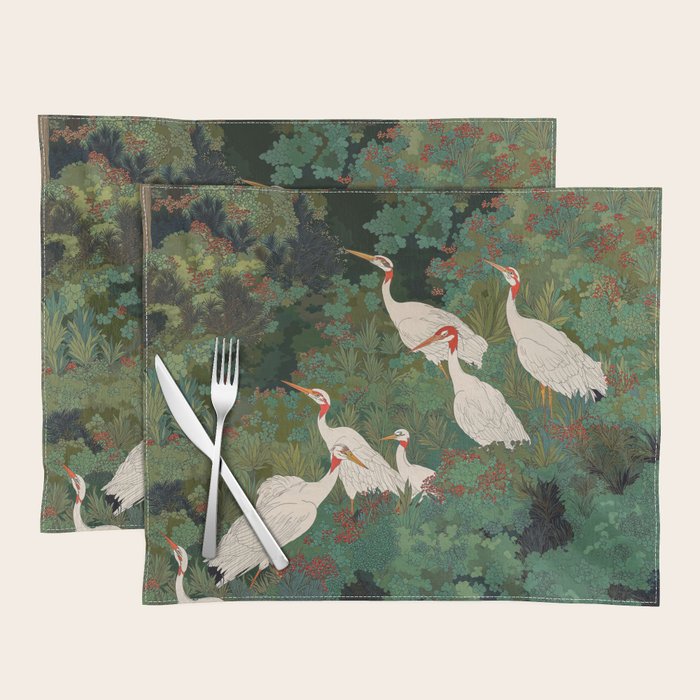 Japandi Wall Art Maximalist japanese chinoiserie Bird wabi sabi green Heron Painting for living room Placemat Gallery Image 1
