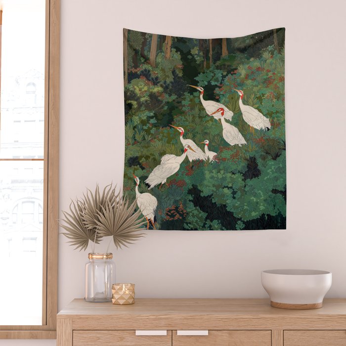 Japandi Wall Art Maximalist japanese chinoiserie Bird wabi sabi green Heron Painting for living room Wall Tapestry Gallery Image 2